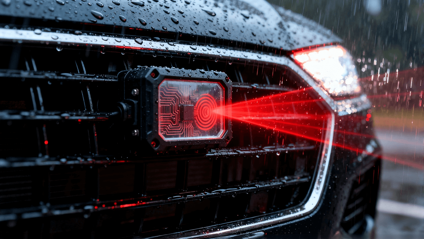 車載雷達模塊在雨夜中發(fā)射紅色波束，強調其在惡劣環(huán)境下的密封可靠性及內部高頻電路結構