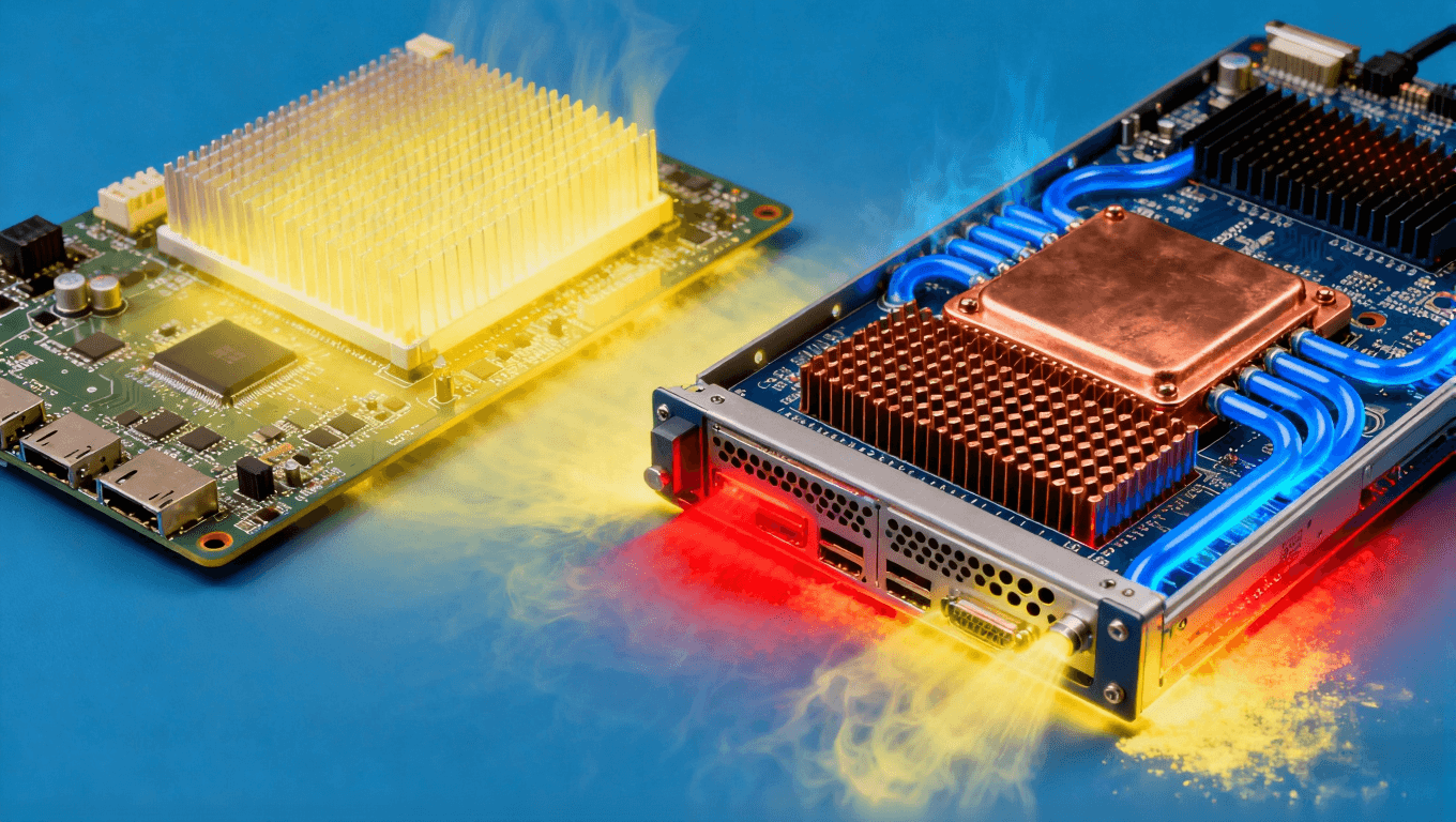 AI服務(wù)器PCB復(fù)合散熱技術(shù)應(yīng)用，展示金屬基板、散熱過孔與液冷系統(tǒng)在高溫環(huán)境下的協(xié)同工作