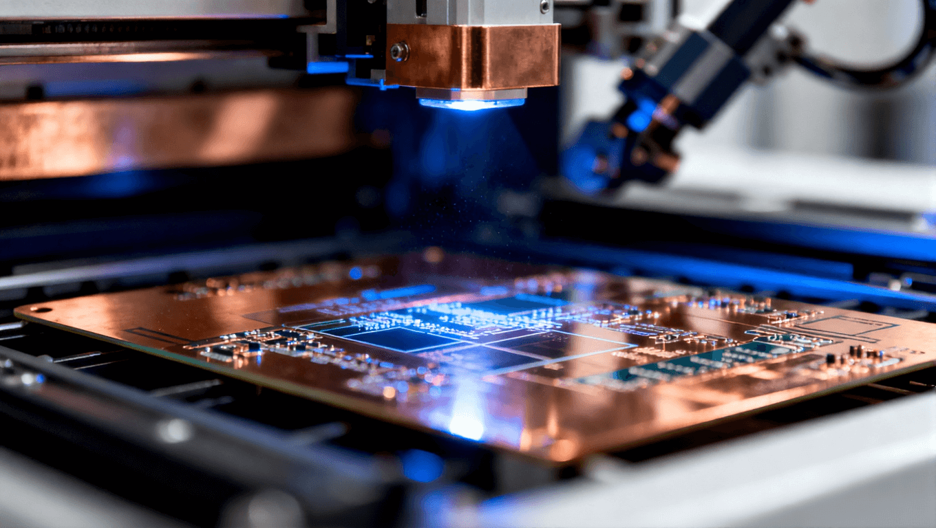 PCB圖形轉(zhuǎn)移曝光過程，菲林與基材在紫外線照射下進行線路復(fù)刻，體現(xiàn)高精度制造場景