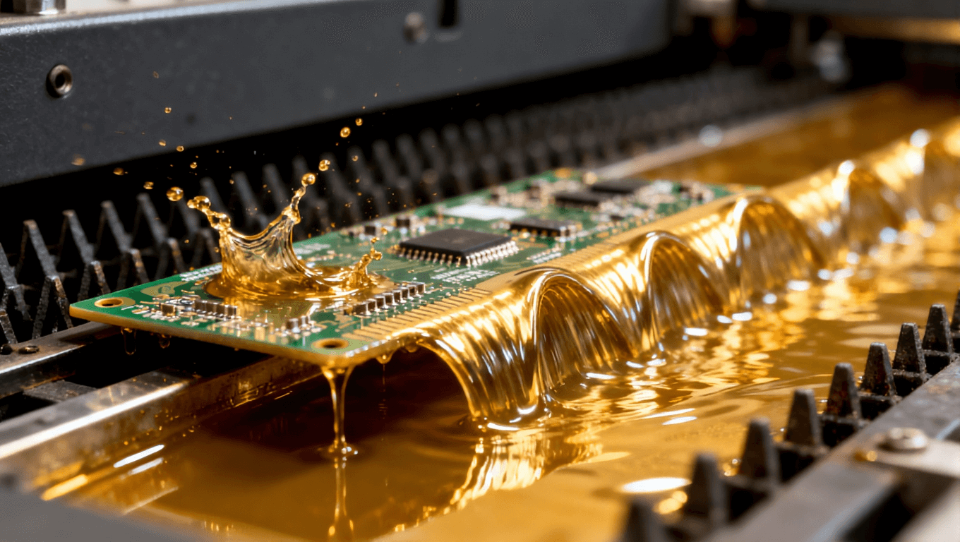 波峰焊過程中液態(tài)焊料波峰與PCB接觸的動態(tài)瞬間，突出焊接工藝的流體特性