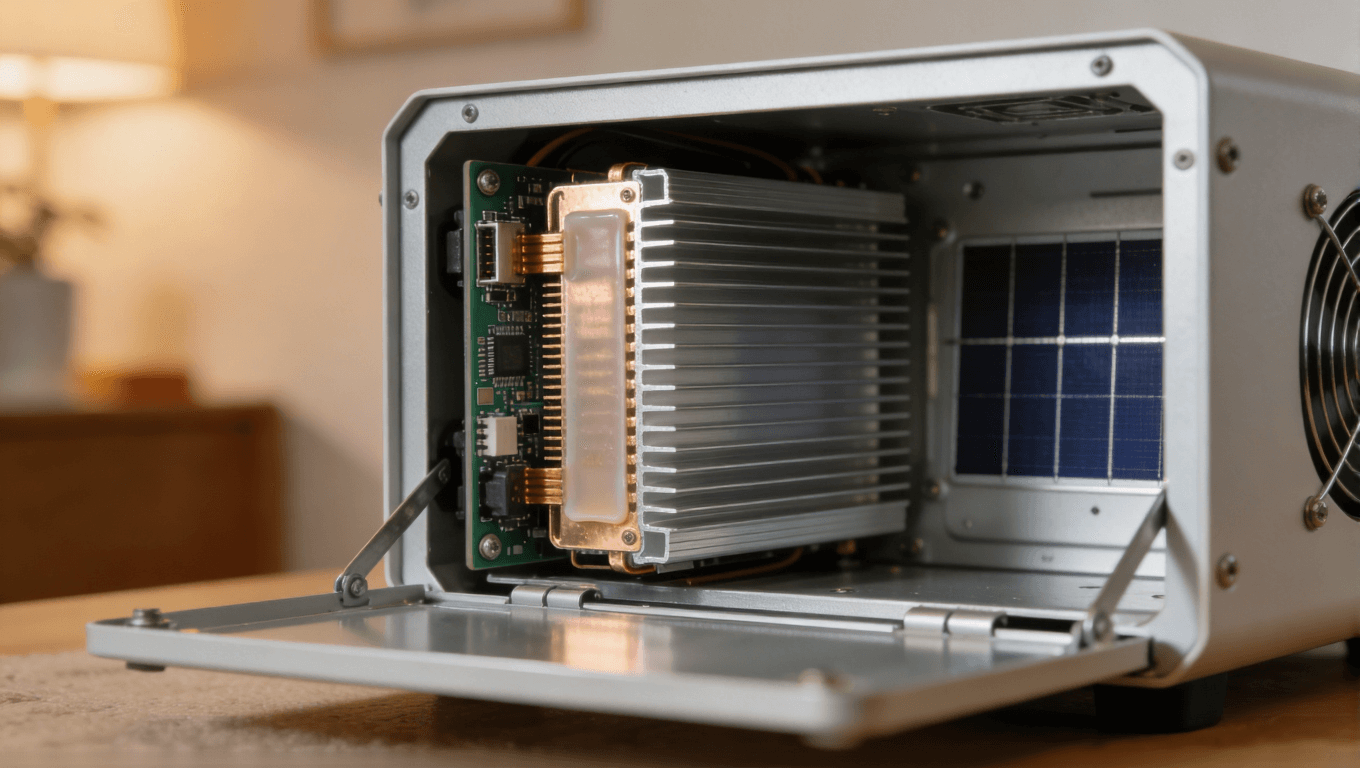 戶用儲能逆變器內(nèi)部散熱結(jié)構(gòu)特寫，展示PCB集成散熱層與殼體散熱設(shè)計(jì)