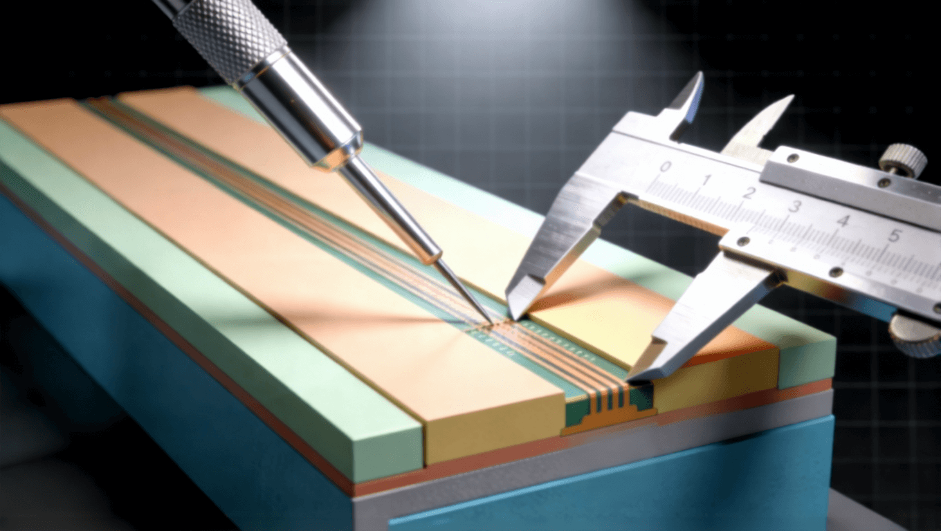 PCB微帶線橫截面幾何參數(shù)測(cè)量3D渲染示意圖，展示線寬銅厚對(duì)阻抗的影響