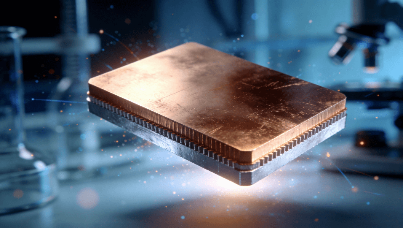 未來(lái)感復(fù)合金屬基板材料概念展示，象征銅鋁復(fù)合與材料技術(shù)創(chuàng)新趨勢(shì)