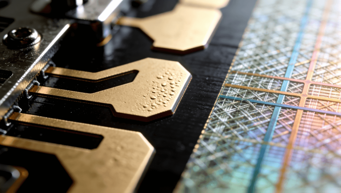 高頻PCB走線截面微觀視圖，展示蝕刻工藝偏差與玻璃纖維編織效應(yīng)