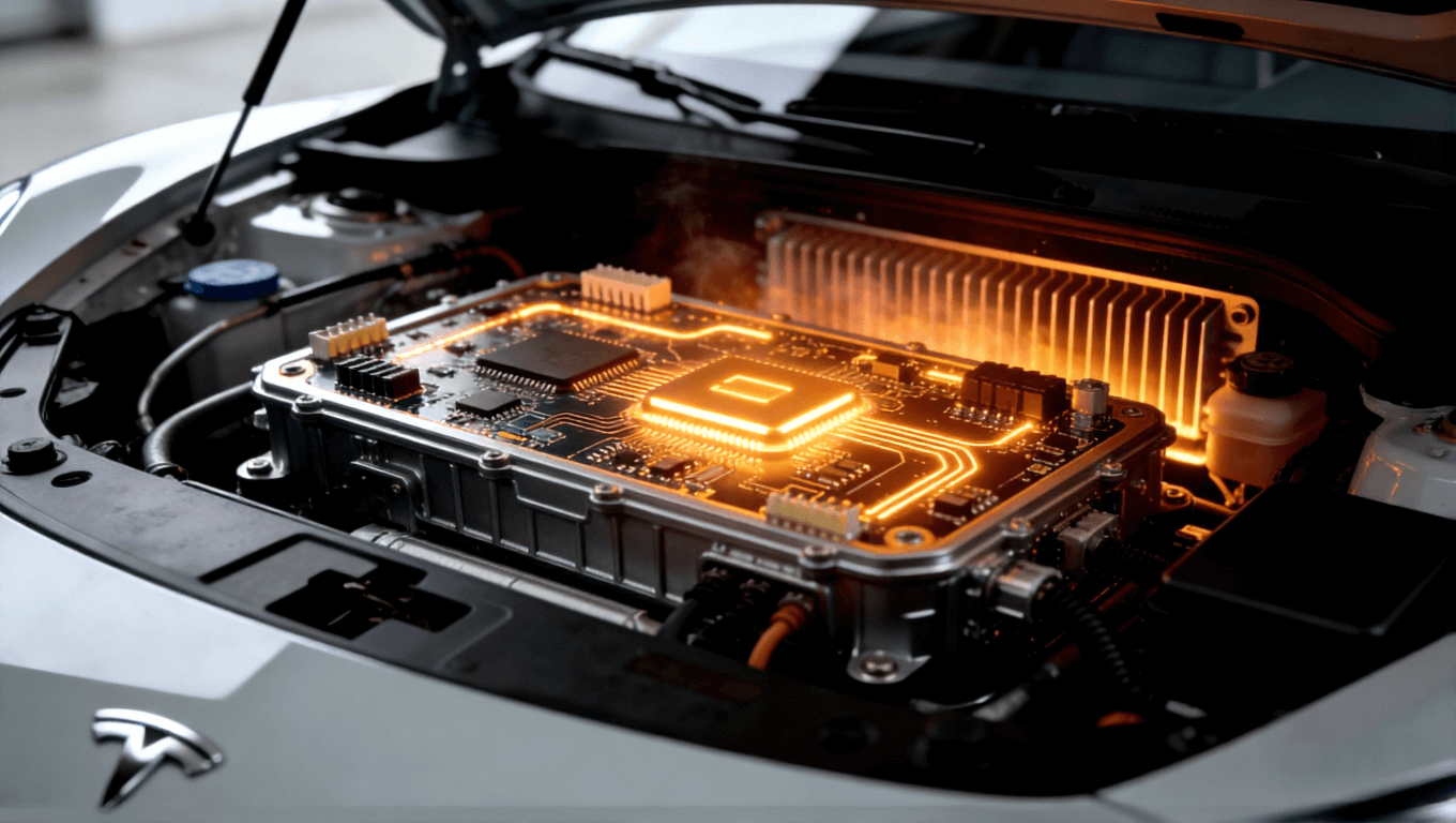 新能源汽車(chē)電控系統(tǒng)中陶瓷電路板集成示意圖，表現(xiàn)高功率場(chǎng)景下的散熱與穩(wěn)定性