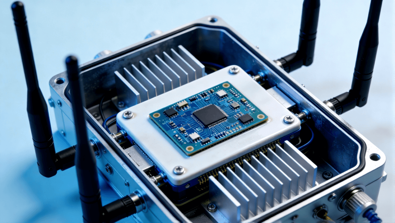 5G基站內(nèi)部陶瓷電路板在射頻模塊中的應(yīng)用場(chǎng)景，體現(xiàn)高頻通信設(shè)備中的集成與散熱設(shè)計(jì)