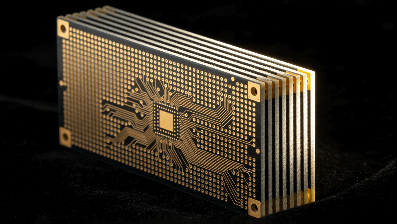 制造完成的毫米波PCB多層板靜物特寫，展示完美線路與層壓結構