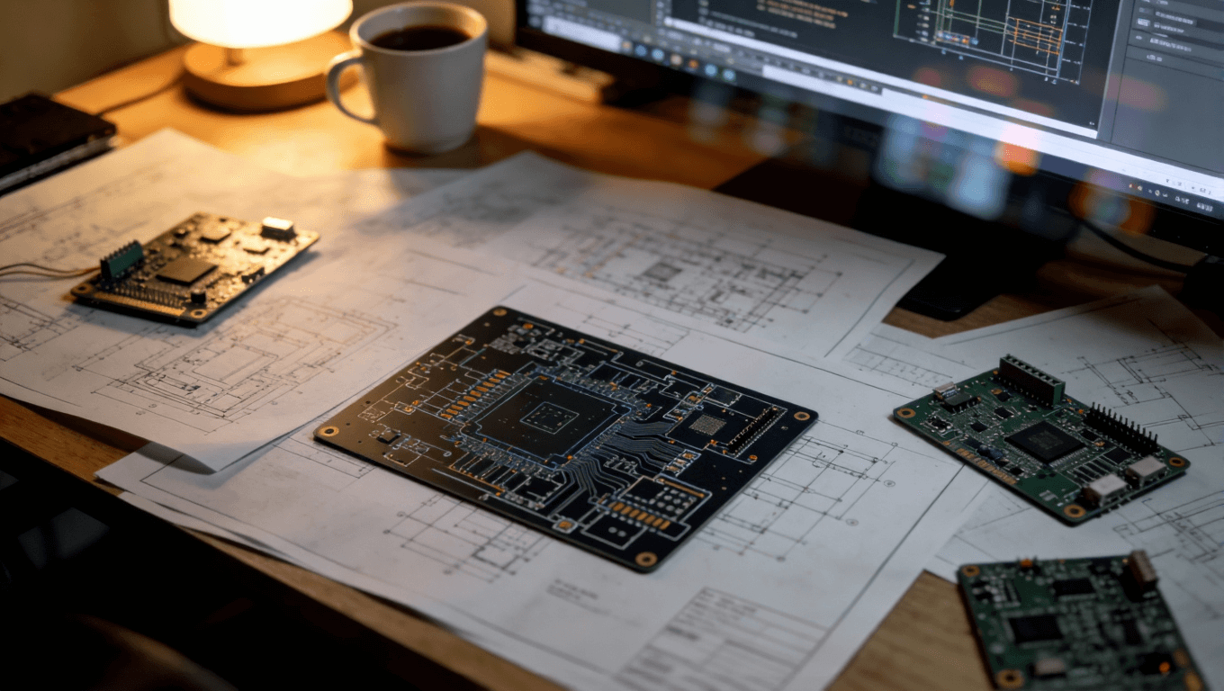 一張工作臺上散落著PCB設計圖紙、電路板樣品