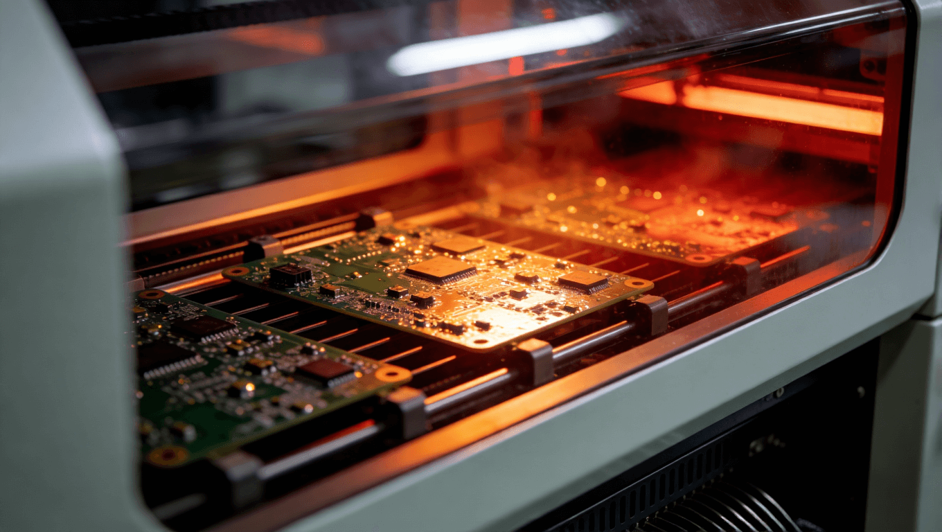 SMT生產(chǎn)線回流焊爐內(nèi)部溫控工作場景，展現(xiàn)電子元件焊接過程中的精準(zhǔn)熱管理