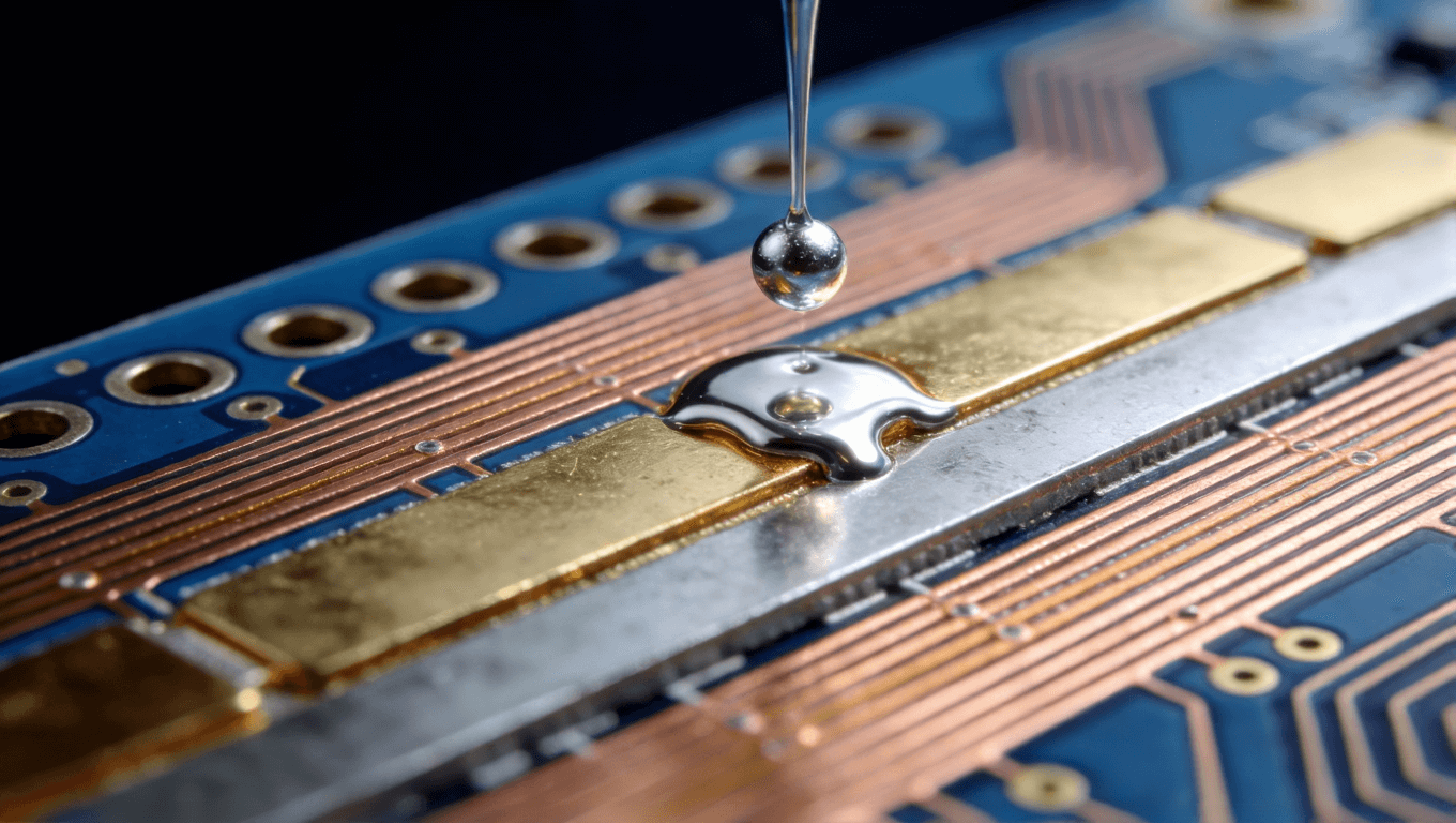 沉金板PCB截面微觀結(jié)構(gòu)特寫，展示銅、鎳、金分層與焊錫浸潤的精密工藝過程 