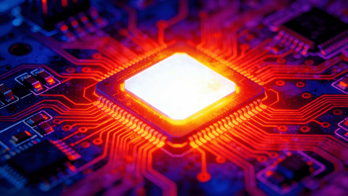 熱成像藝術(shù)效果圖，PCB上LED芯片過熱，核心亮白，熱量呈紊亂紅色輻射狀擴散