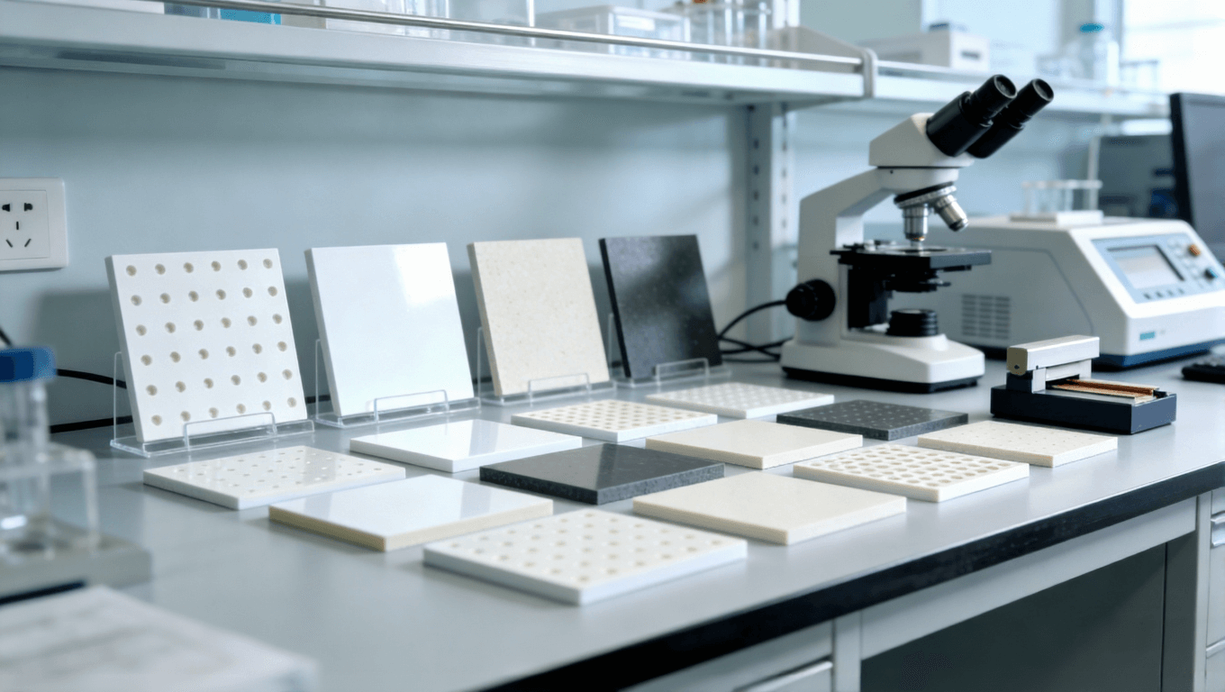 陶瓷基板樣品與檢測設(shè)備陳列圖，展現(xiàn)材料對比與質(zhì)量管控環(huán)節(jié)