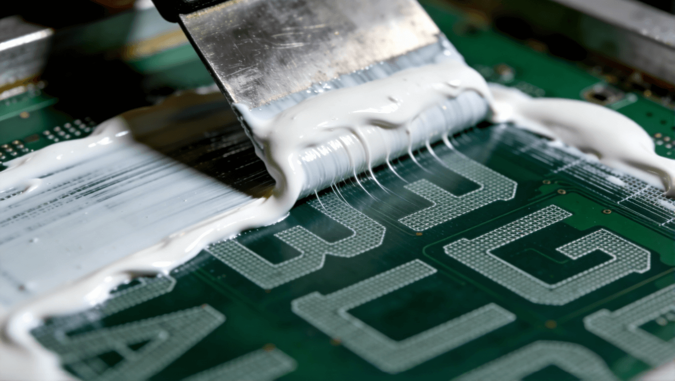 PCB板絲網(wǎng)印刷工藝核心步驟特寫，展現(xiàn)高精度刮印技術(shù)