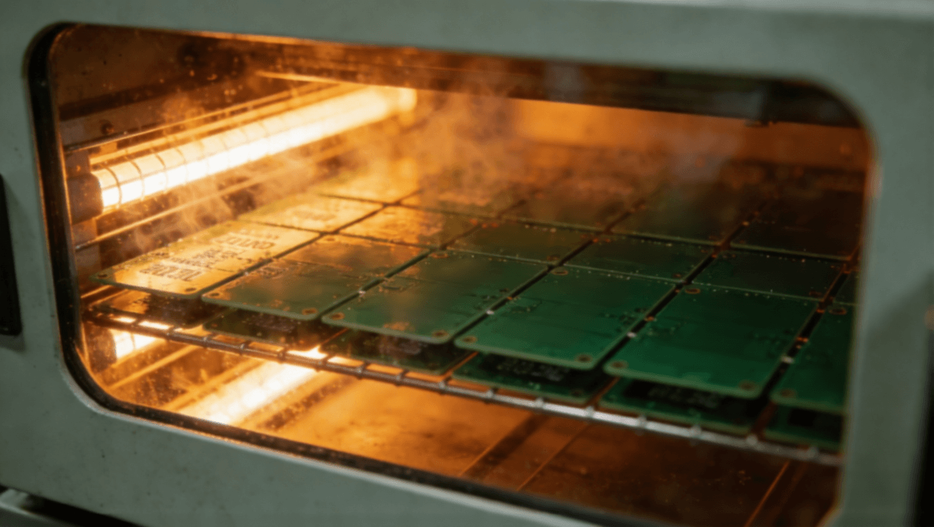 PCB絲印油墨高溫固化工藝現(xiàn)場，電子制造熱固化過程