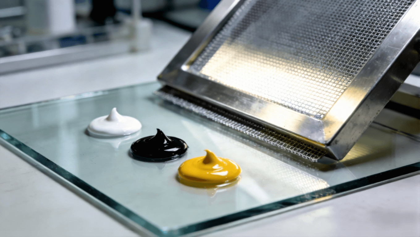 PCB絲印油墨選型與網(wǎng)版搭配專業(yè)場景，展示電子制造精密材料科學(xué)