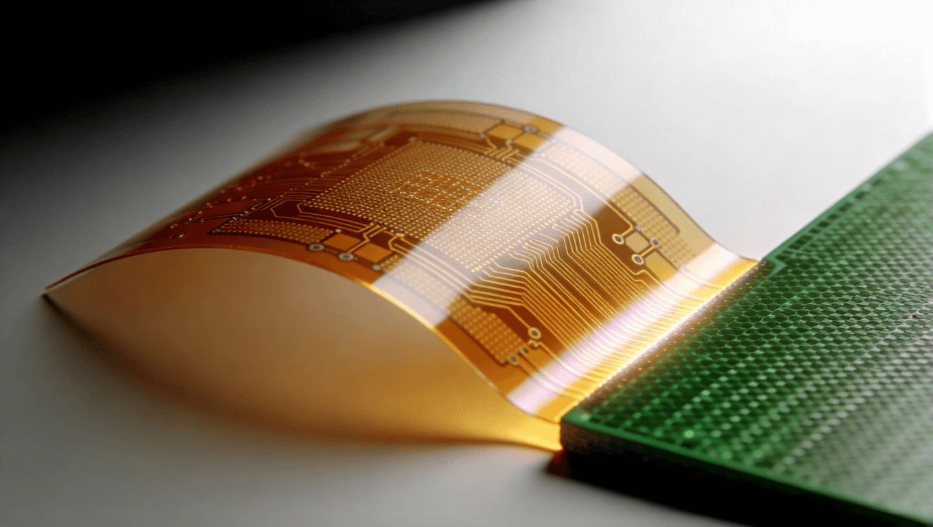 象征軟硬結(jié)合板材料體系革新的抽象視覺，展示無(wú)膠PI柔性基材與高性能剛性基材的結(jié)合