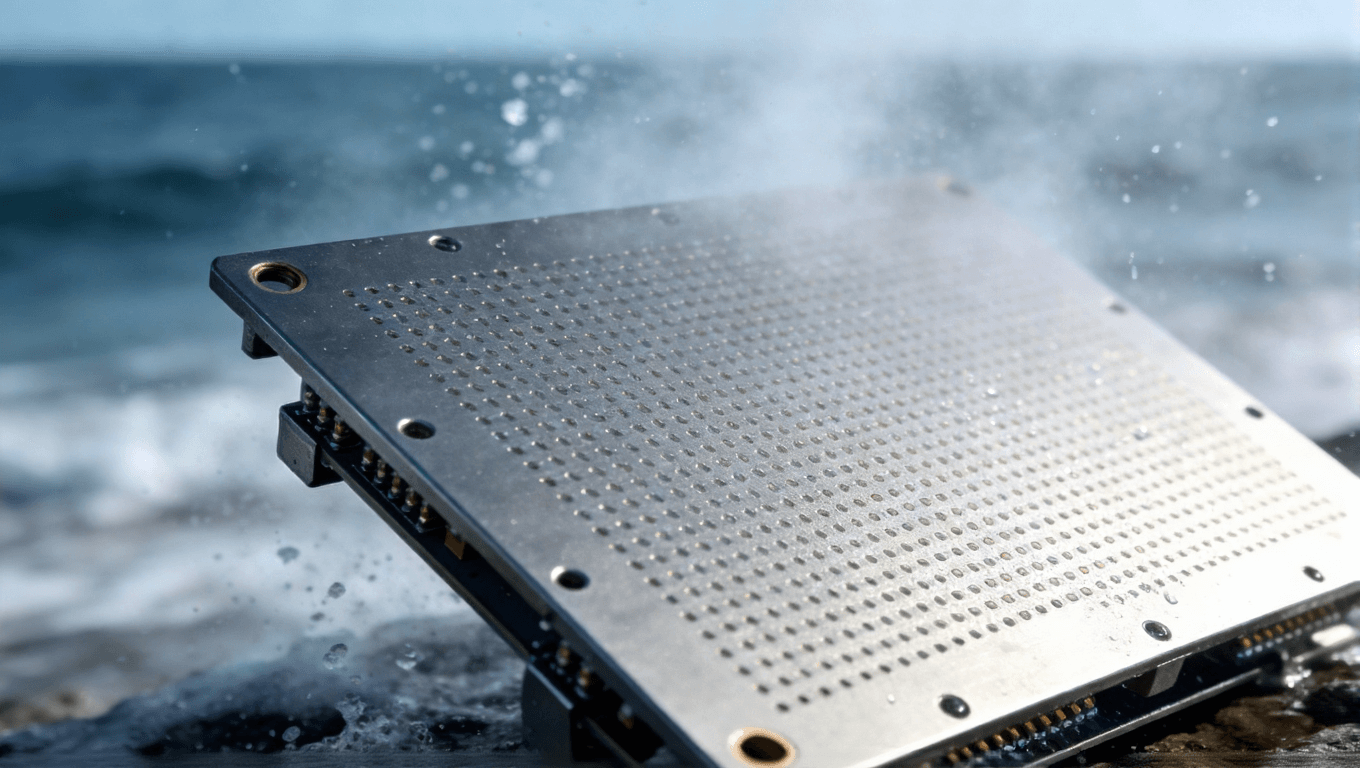 鋁基板陽(yáng)極氧化處理后的表面在沿海高鹽霧環(huán)境中的表現(xiàn)，展現(xiàn)其耐腐蝕與金屬質(zhì)感