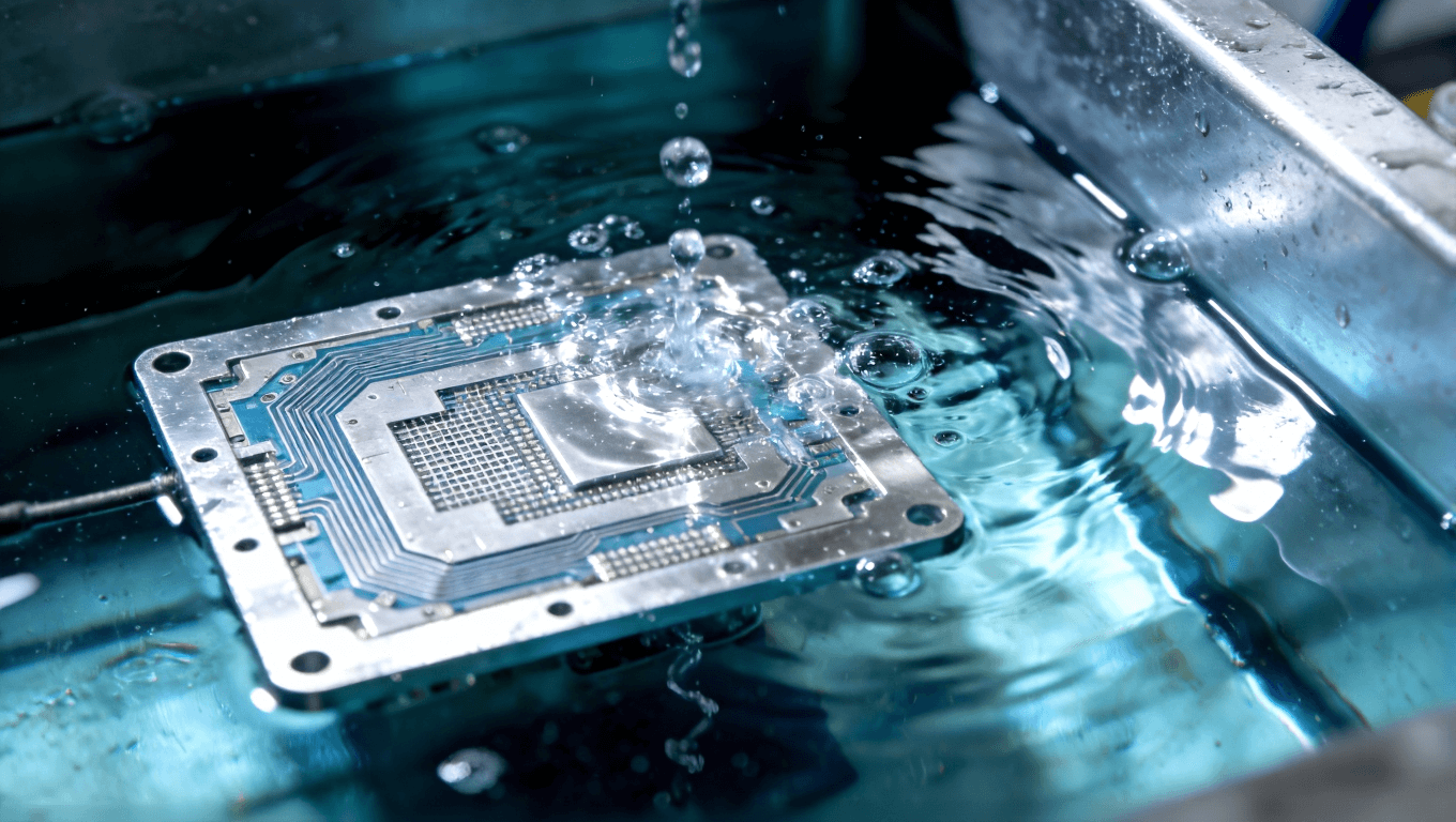 鋁基板陽(yáng)極氧化工藝中電解槽內(nèi)的反應(yīng)過(guò)程，展現(xiàn)電化學(xué)處理的精密與潔凈