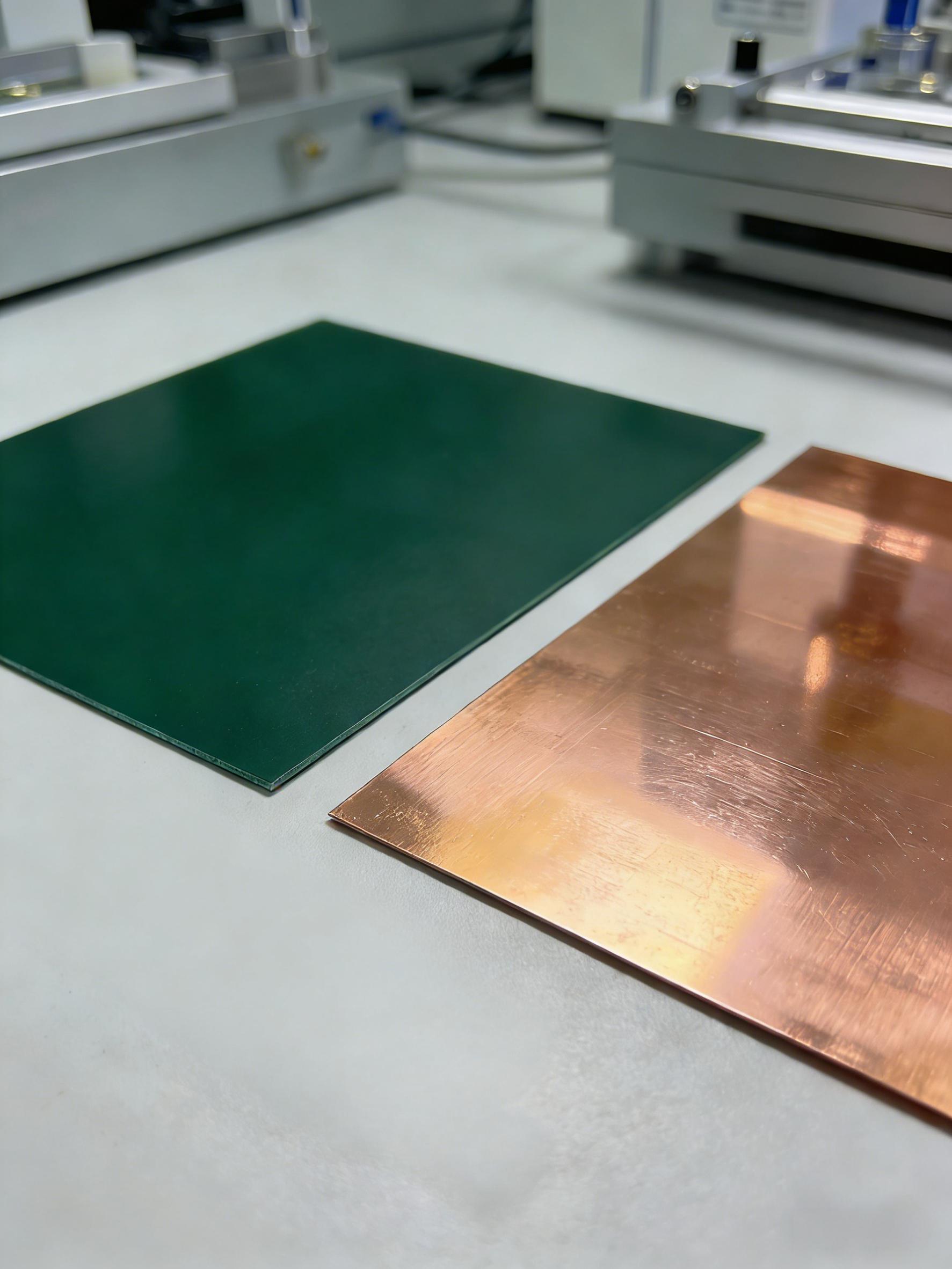 CPO光模塊PCB低損耗基材選型材料展示，包括高頻層壓板、壓延銅箔，體現(xiàn)精密制造與材料科技