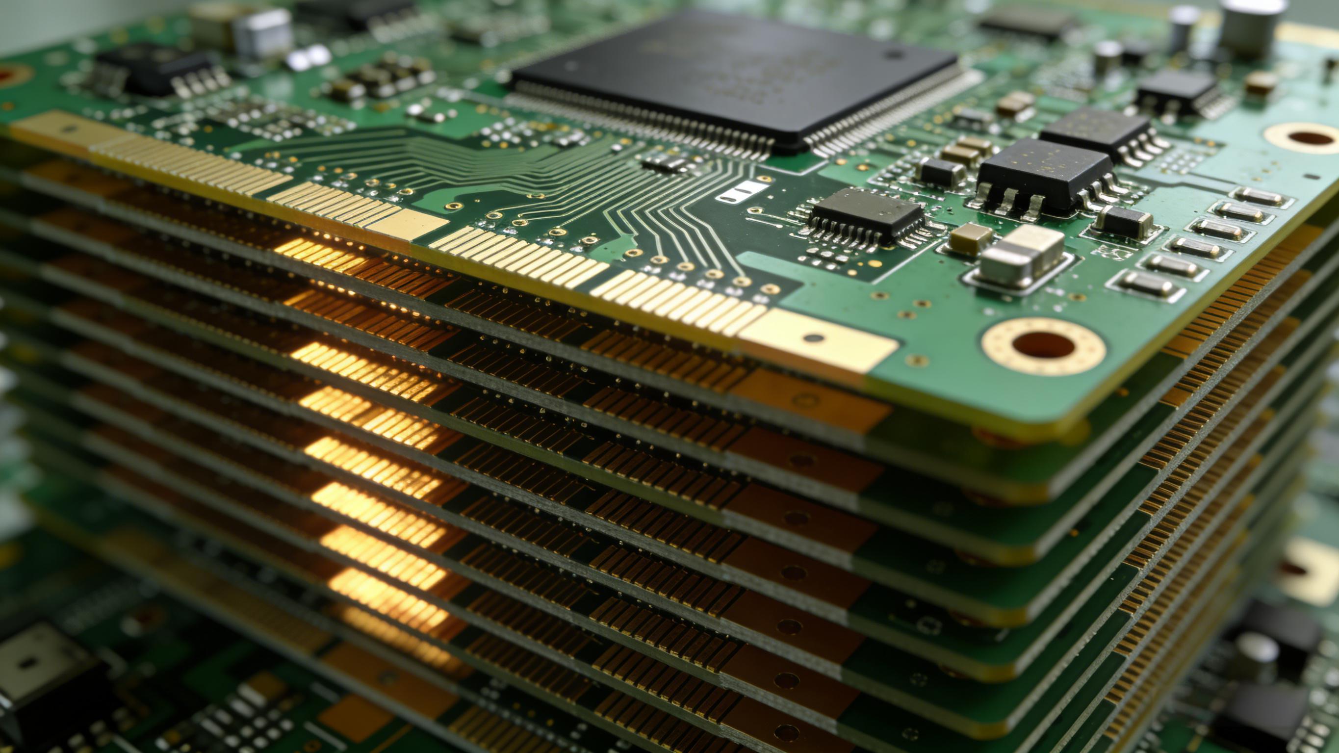 多層PCB層疊結構截面視圖，信號層與接地層交替排列，展現(xiàn)阻抗穩(wěn)定的傳輸環(huán)境