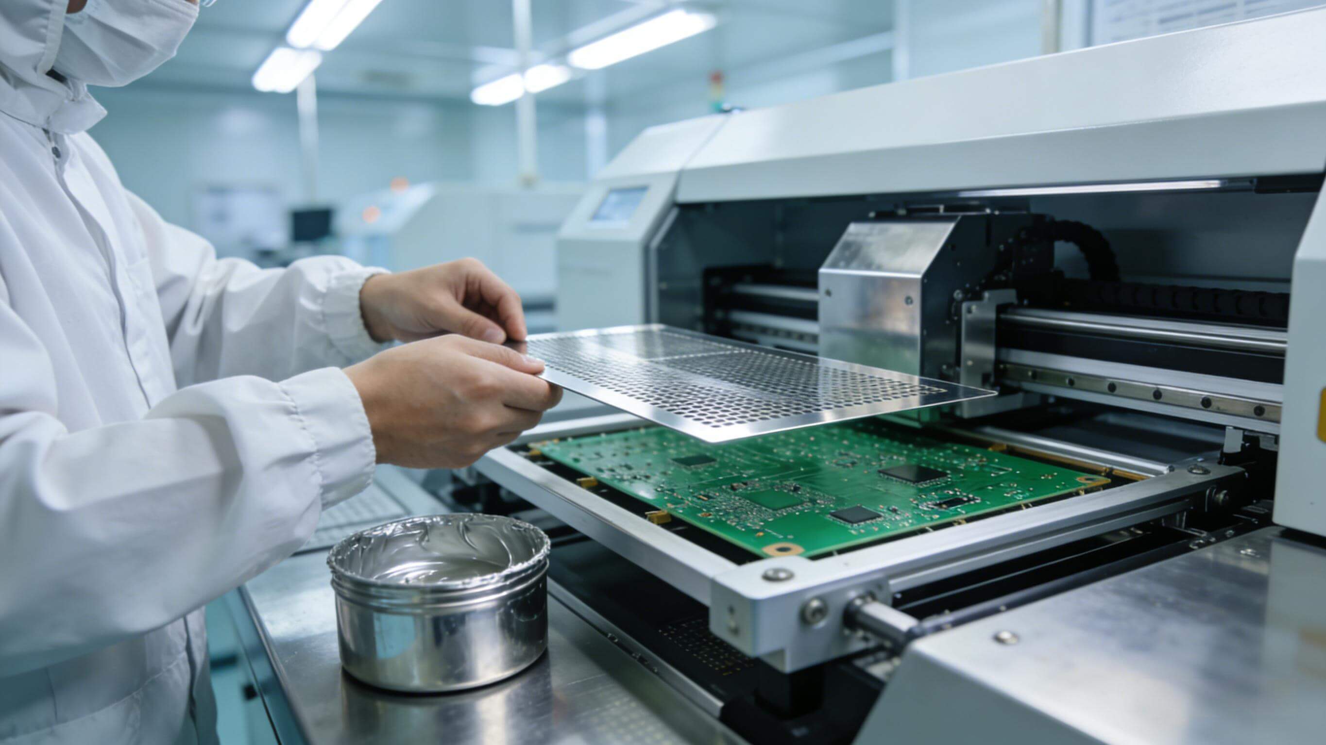 技術(shù)員在SMT產(chǎn)線上將電路板鋼網(wǎng)精準安裝到印刷機網(wǎng)框 技術(shù)員在SMT產(chǎn)線上將電路板鋼網(wǎng)精準安裝到印刷機網(wǎng)框