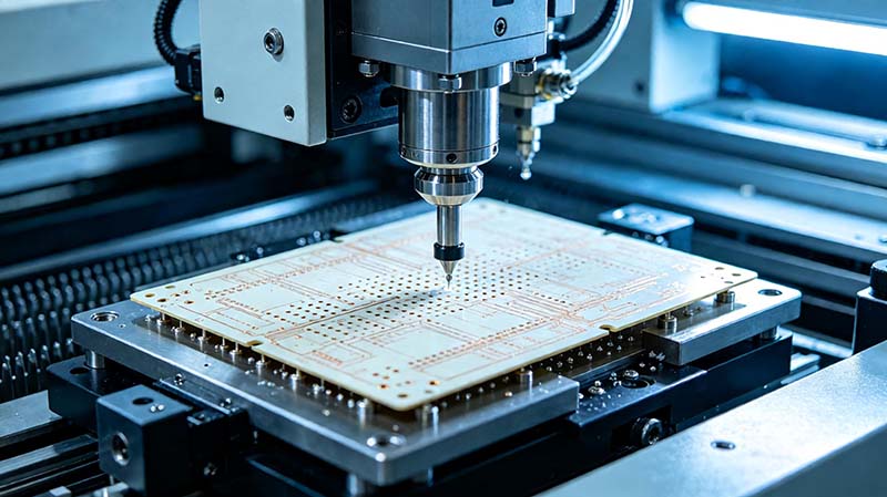 PTFE 高頻 PCB 制造工藝中的精密加工場(chǎng)景，展示鉆孔和高可靠電路板生產(chǎn)過(guò)程