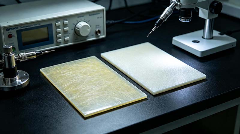 PTFE 與 FR4 高頻板對(duì)比分析中的 PCB 基材展示，體現(xiàn)不同材料結(jié)構(gòu)和高頻性能差異